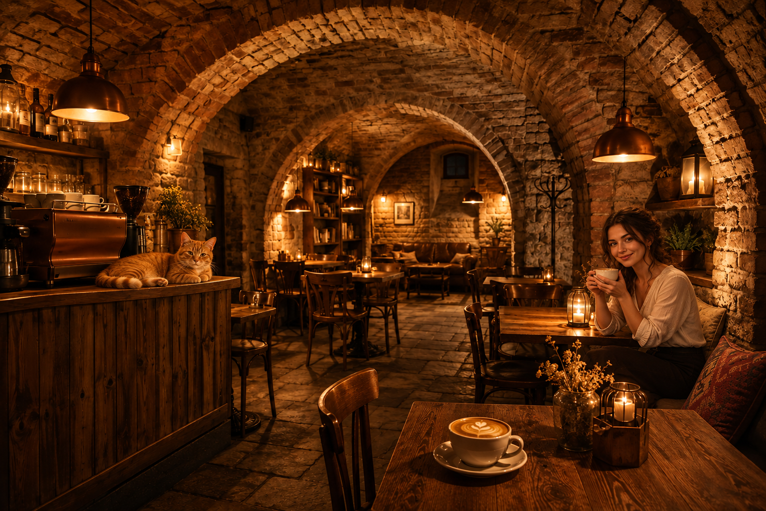 Sofi enjoying coffee at a table on the right, with a ginger cat relaxing on the bar in a warm brick-vaulted café