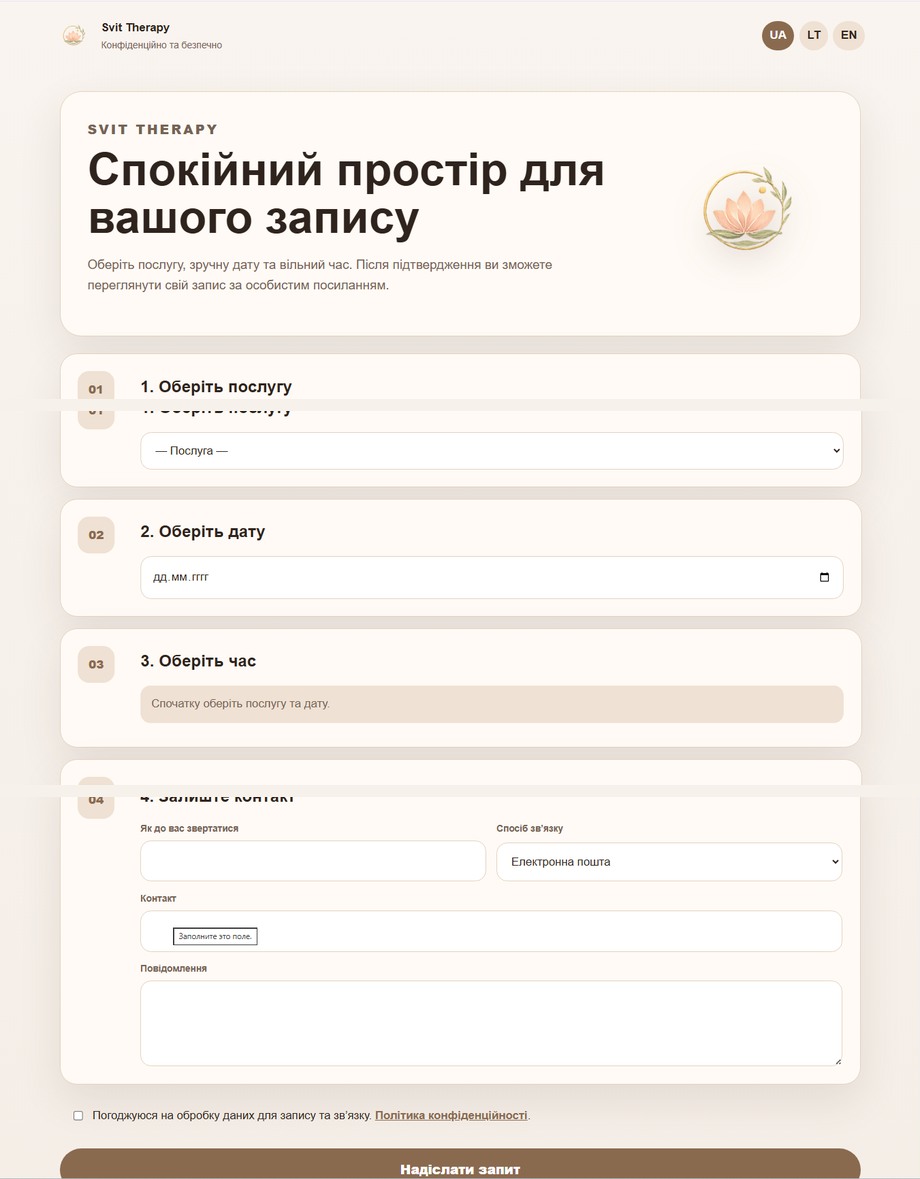 Svit Therapy online booking flow
